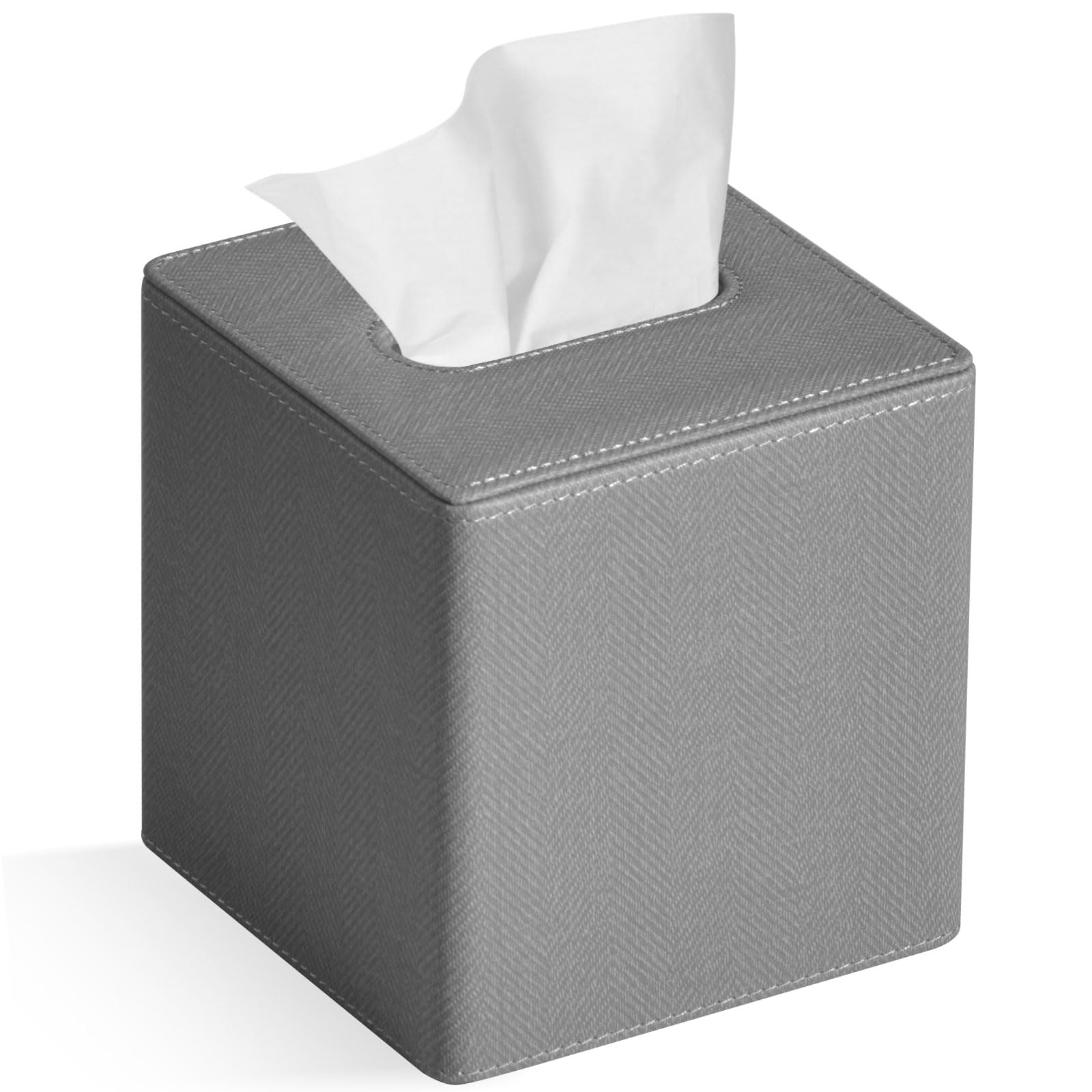 GOLRANLYE Tissue Box Cover Square PU Leather Facial Tissue Box Holder for Dresser Bathroom Decor (Linen Grey)