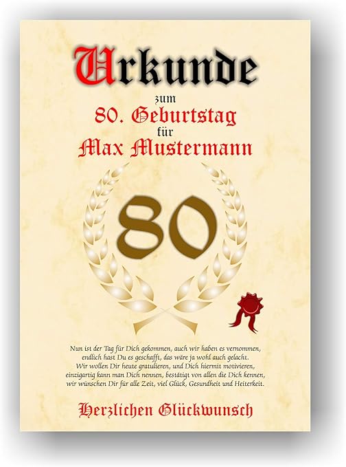 Urkunde zum 80. Geburtstag Glückwunsch Geschenkurkunde