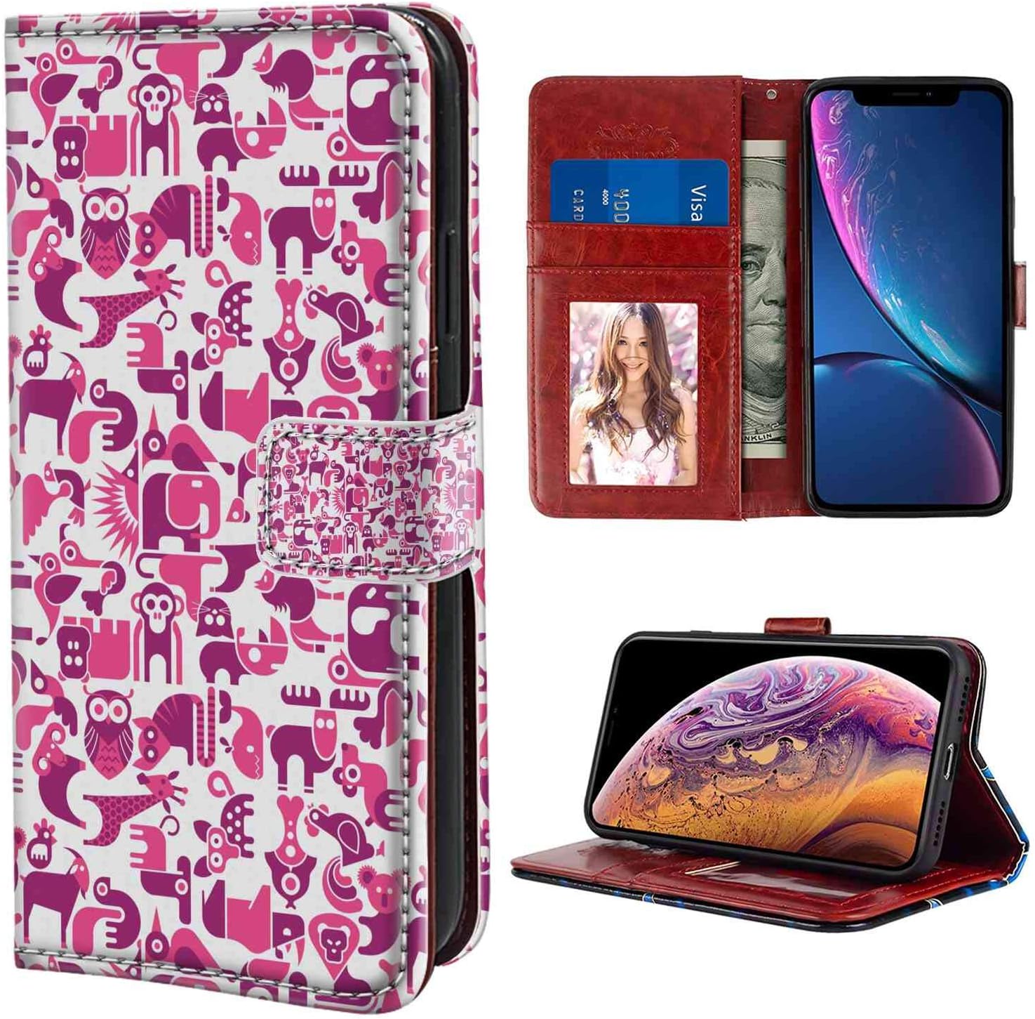 iPhone Xr Wallet Case, Animals Primitive Geometric Animal Figures Such as Rhino Goat Koala and Lemur Pink Dark Magenta White PU Leather Folio Case with Card Holder and ID Coin Slot