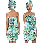 Flamingo Palm Leaves Print Body Bath Towel Wrap & Hair Towel Wrap for Women Girls, Soft Bath Shower Wrap & Hair Drying Towel Set, Quick Dry, Absorbent, Suitable for Spa, Shower, Bath, Gym, Pool (FP7)