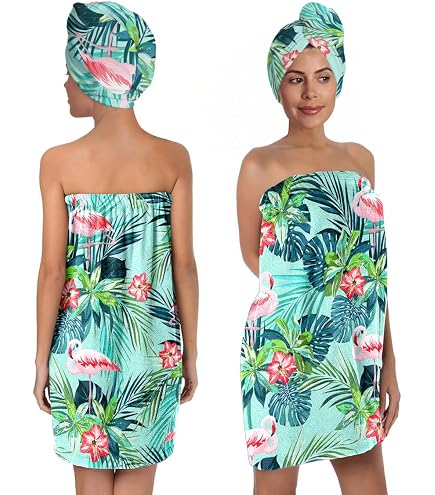 ATTX Flamingo-Blatt Handtuch-Set – Badewickel, Trockene Haarkappe & Stirnband Für Frauen, Verstellbar, Aus Polyester
