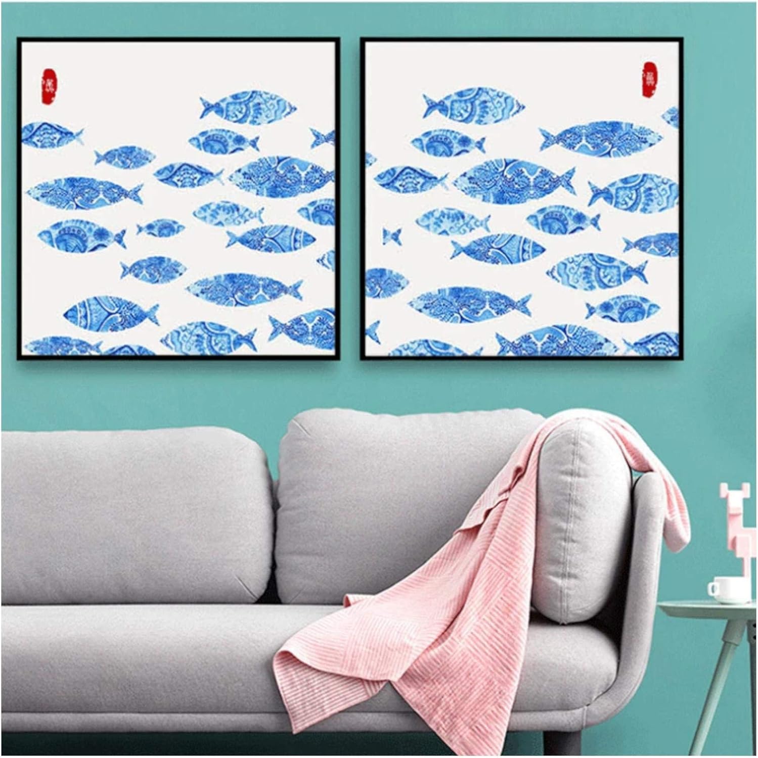 Willion Leinwanddruck Chinesisches Frühlingsfest Hängendes Handwerk Blauer Blumenfisch Leinwandgemälde Inneneinrichtung 2 Stück -60x60 cm / 23,6"x 23,6" Kein Rahmen