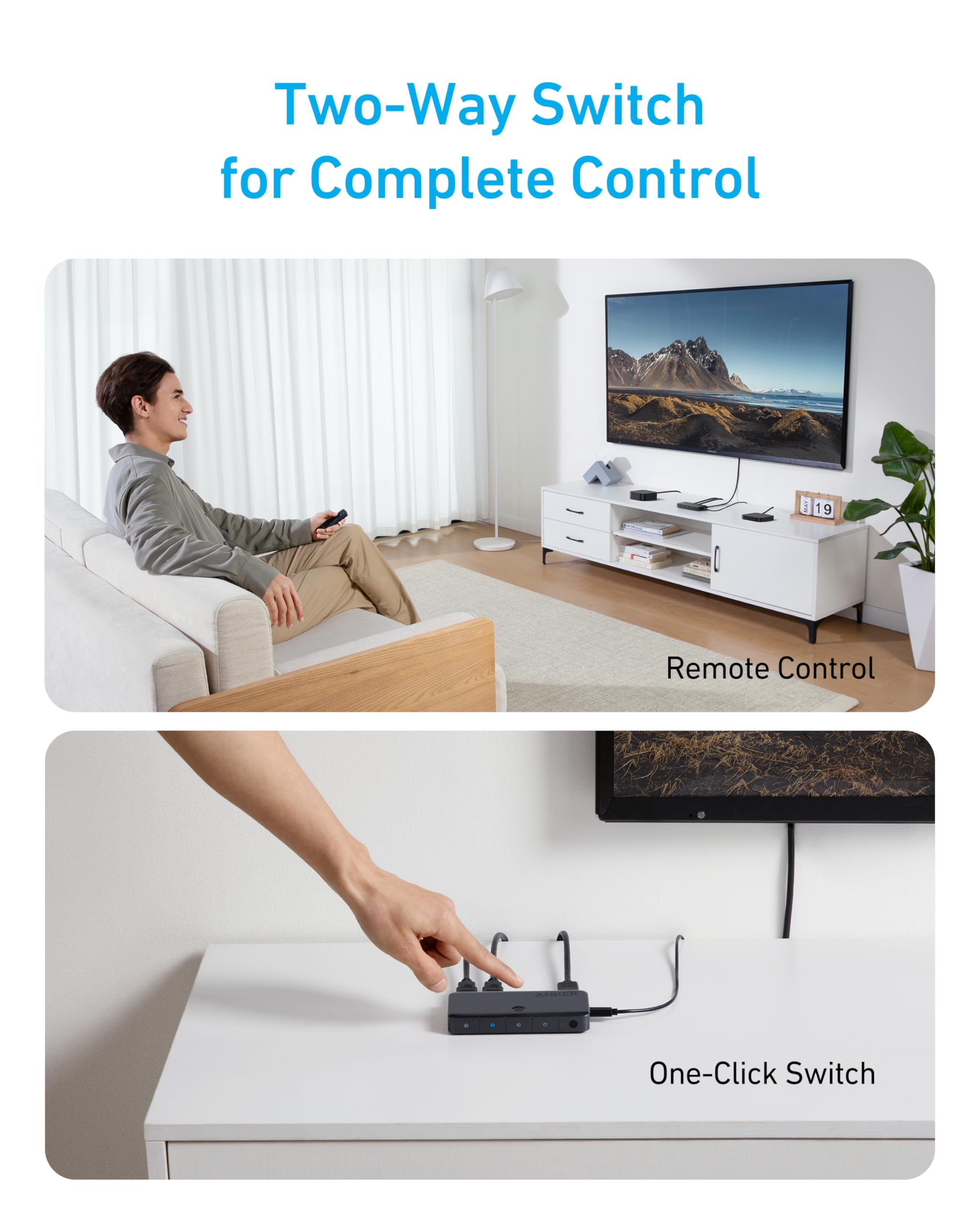 Anker HDMI Switch, 4K@60Hz HDMI Switcher, 4 in 1 Out with Smooth Finish, Supports HDR, 3D, Dolby, DTS, Compatible with Laptops, PC, Xbox, Projector (Charger and Remote Control Batteries Not Included)