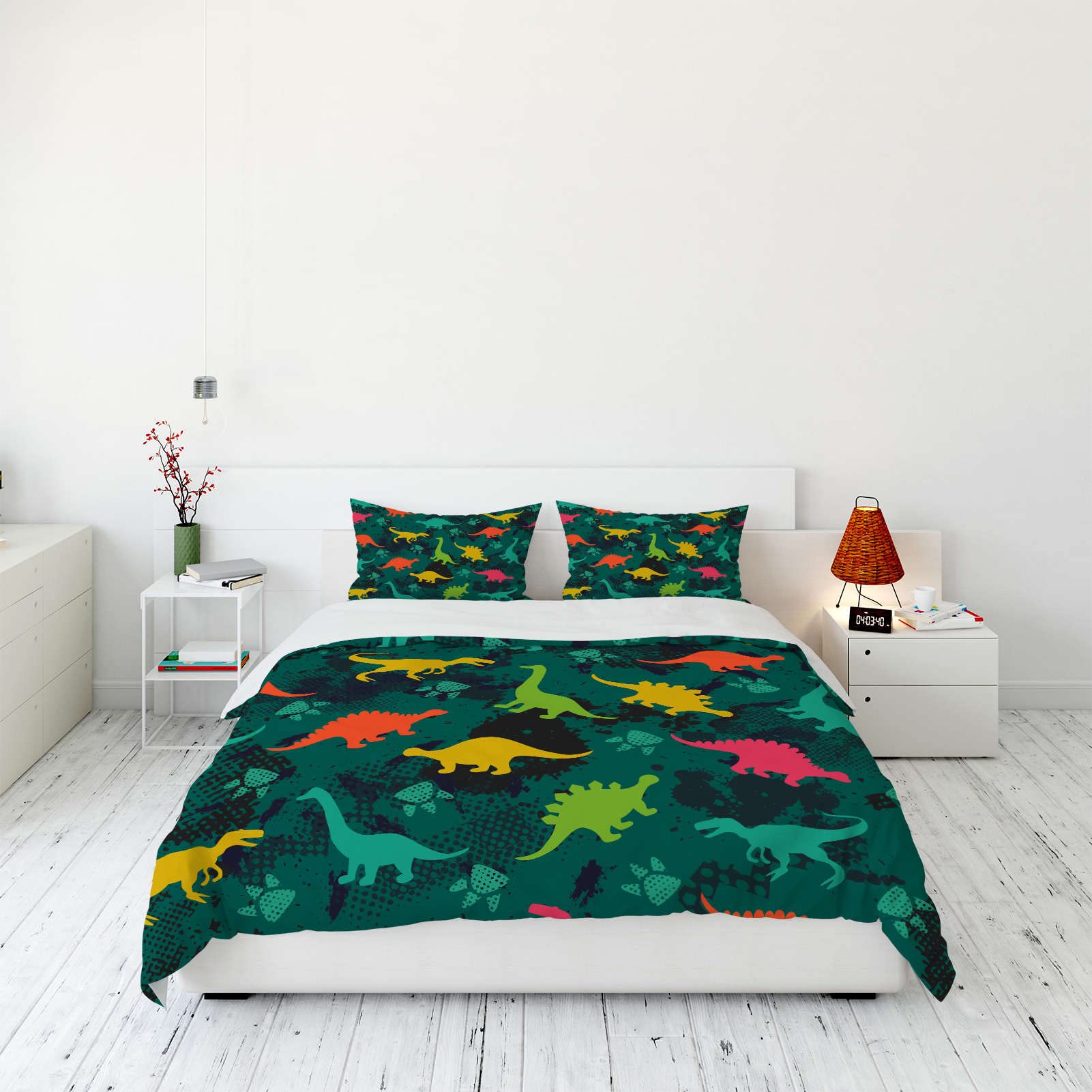 YUANZU Camo Dinosaur Bedding Set Double for Kids Boys Nursery Duvet Cover Set 3 Pieces Fun Dino Jungle Animals Printed Soft Microfiber Quilt Cover with Zipper Closure (200 x 200 cm & 2Pillowcase)