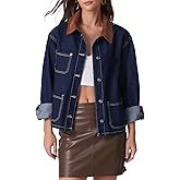 Kedera Women's Denim Jacket with Corduroy Collar Loose Fit Button Down Jean Shacket Vintage Classic Trendy Jean Jacket