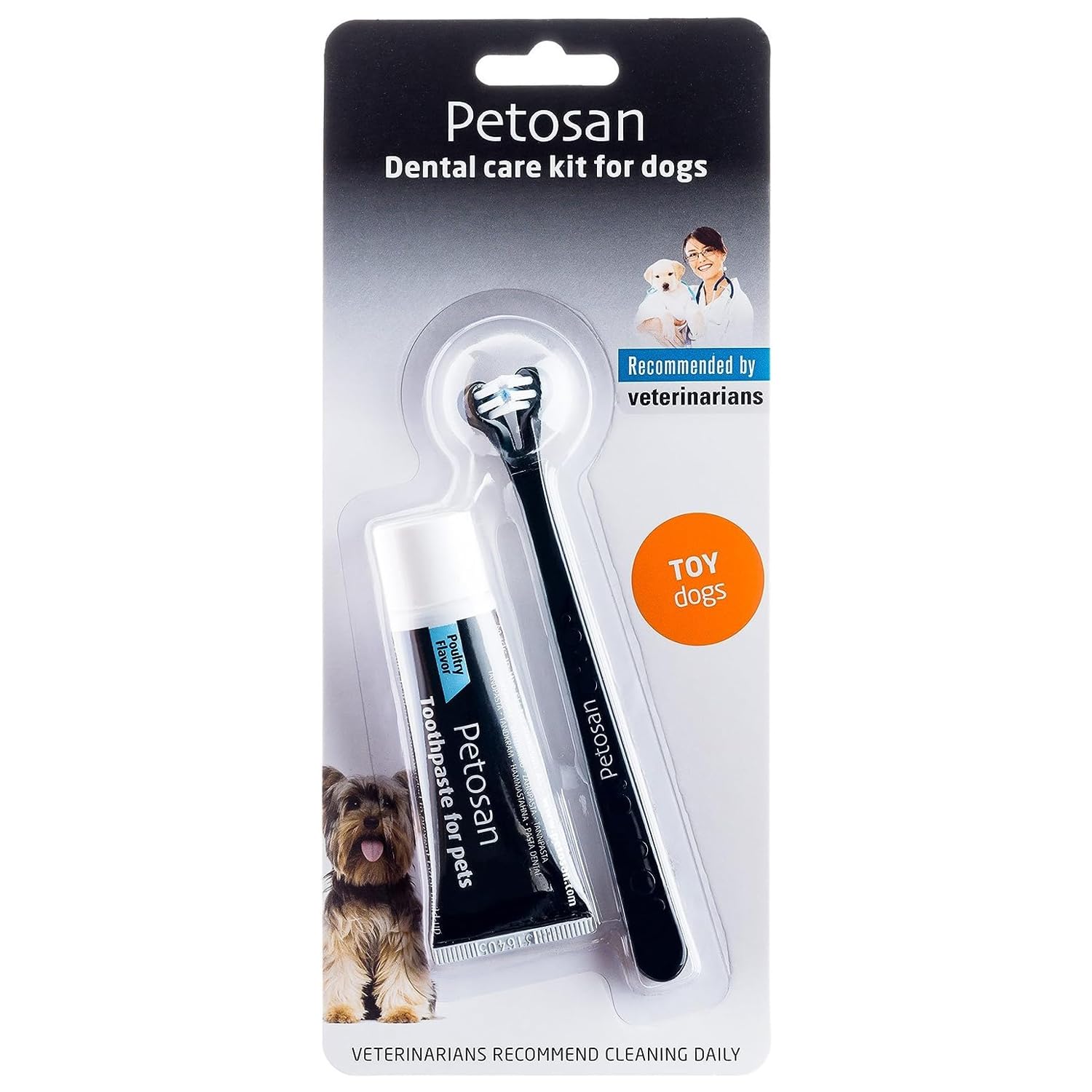 Petosan Dental Care Kit for Toy Dogs - Double-Headed Dog Toothbrush and Toothpaste Set (0-3kg) - Plaque and Tartar Removal, Fresh Breath, Recommended by Vets, Poultry Flavour.