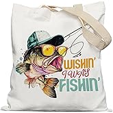 APJYM Funny Bass Fishing Tote Bag, Fish Lover Gifts Canvas Tote Bags for Women, Coastal Beach Wishin' I Was Fishin' Reusable Grocery Shopping Bags