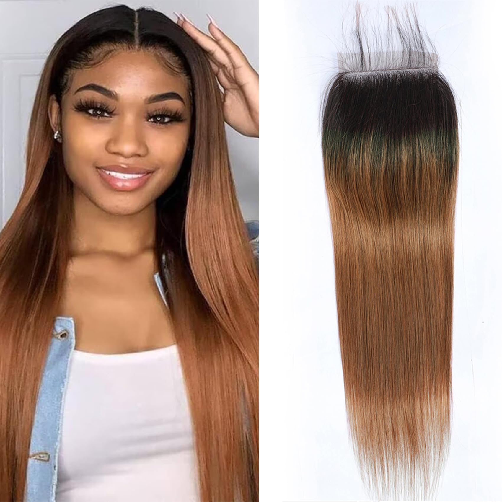 4X4 Lace Closure 4X4 Ombre Human Hair 12 Inch Straight Weave 1B/30 2 Tone Human Hair Lace Closure With Baby Hair Free Part 130 Density Natural Black To Brown For Women