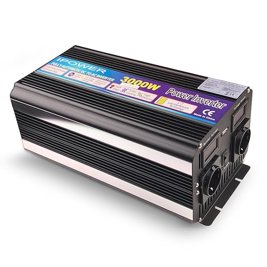 Yinleader Wechselrichter 3000 W für Auto, 6000 W (Maximum) Transformator 12 V auf 230 V, Wechselrichter mit 2 Steckdosen + US