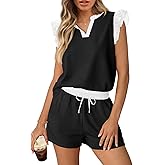 MEROKEETY Women's Summer Two Piece Short Sets Ruffle Sleeve V Neck Cute Tops Matching Lounge Outfits