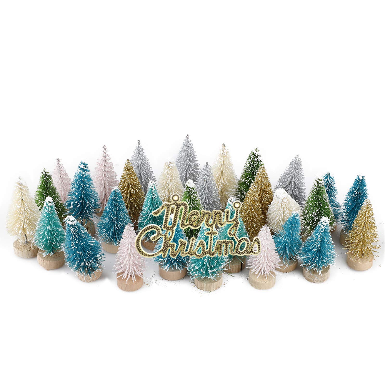 SYLOTS 32Pcs Mini Sisal Snow Frost Trees Bottle Brush Trees with Christmas Wreaths Snow Ornaments Tabletop Trees for Christmas Table Decorations, DIY Room Décor