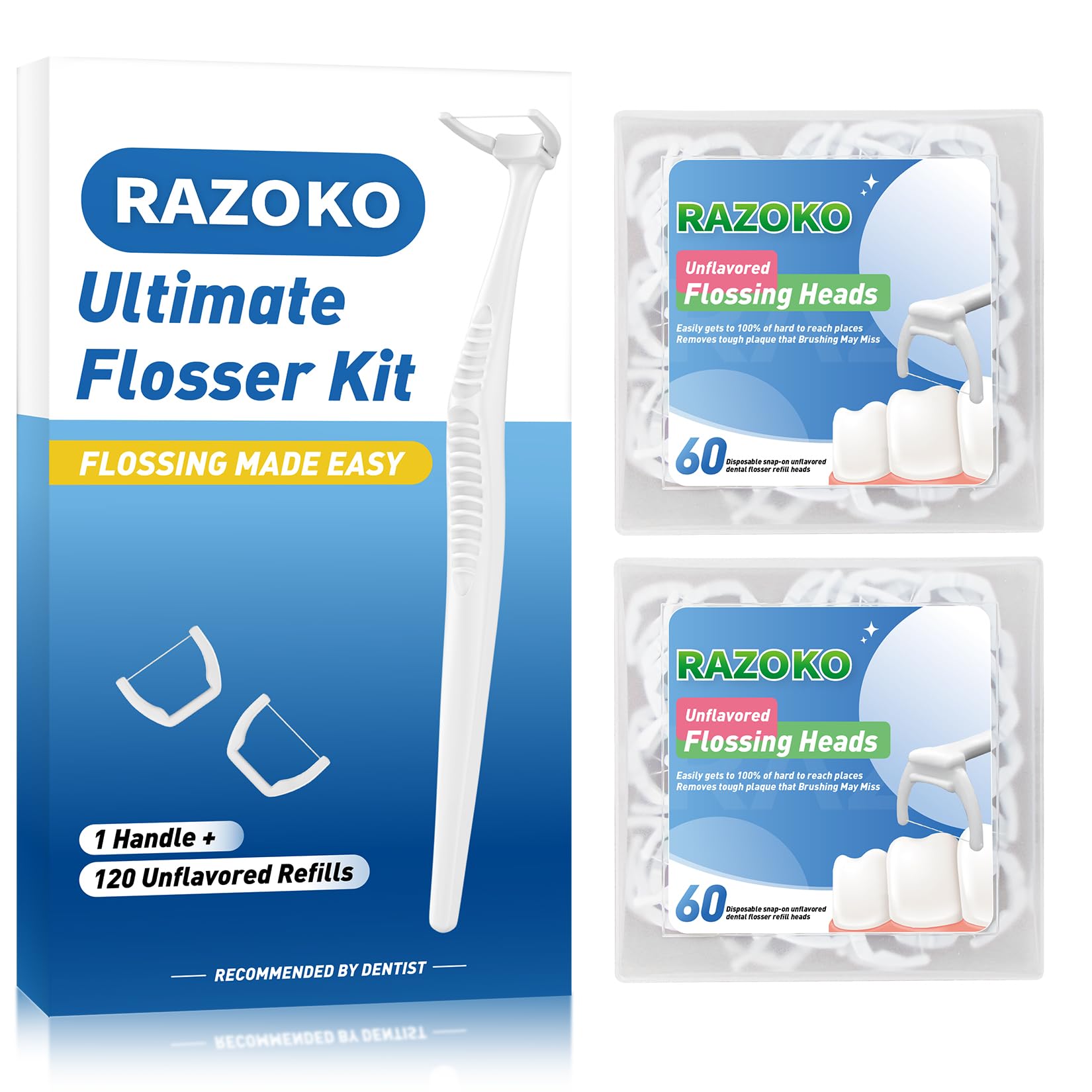 RAZOKO Reusable Dental Flosser Kit, Extra Strong Shred-Resistant Floss, for Hard to Reach Areas, PTFE & PFAS Free (1 White Handles + 120 Refills)