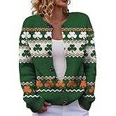 St Patricks Day Cardigan Women Shamrock Irish Crew Neck Ribbed Knit Open Front Sweater Lucky Clover Long Sleeve Tops