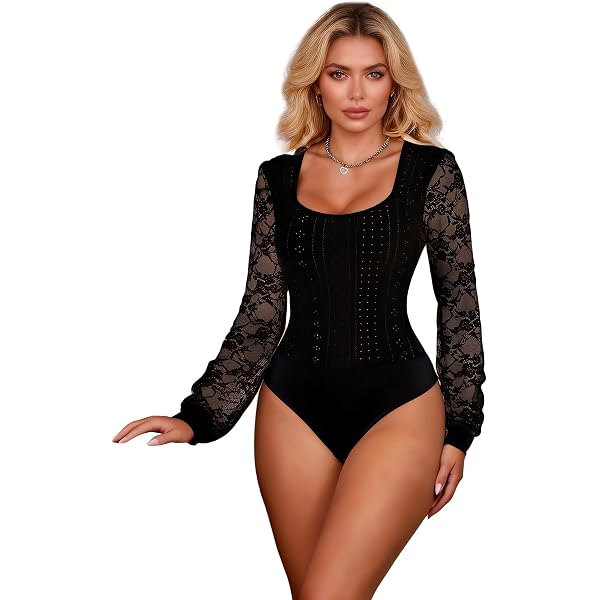 SweatyRocks Women's Sexy Lace V Neck Clubwear Top Sheer Mesh Long