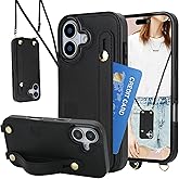 CCSmall for iPhone 17 Lanyard Case with Card Holder for Women, Detachable PU Leather Crossbody Strap Wristband Kickstand Phone Cover for Apple iPhone 17 -KB Black