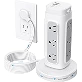 TROND Tower Power Bar Surge Protector with PD 20W USB C, 10ft Retractable Flat Plug Extension Cord Indoor, 12 Widely Spaced O