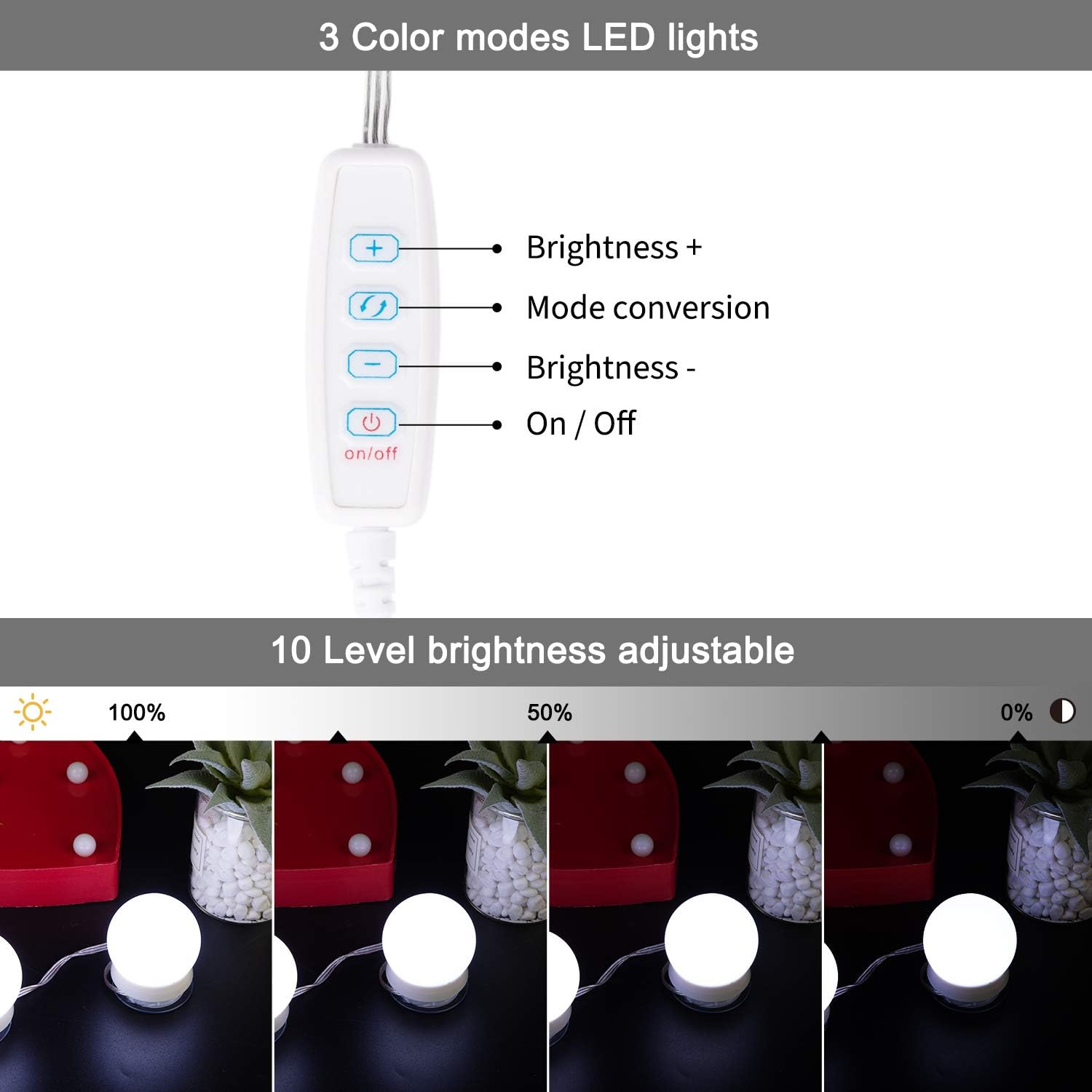 Upgraded Hollywood Style Vanity Mirror Lights Kit, 10 Dimmable LED Bulbs with 3 Color Modes, Best for Makeup Dressing Table Bathroom Dressing Room, Power Supply Plug in Lightings (Mirror Not Include): Home Improvement
