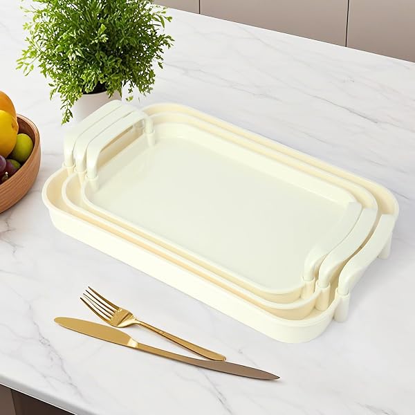 ZUFUDO 3 PACK SERVING TRAY WITH HANDLES, STACKABLE REUSABLE TRAYS FOR SERVING FOOD, PLASTIC SERVING PLATTERS FOR PARTY, CHARCUTERIE, FRUIT, APPETIZER, SOLID CREAM
