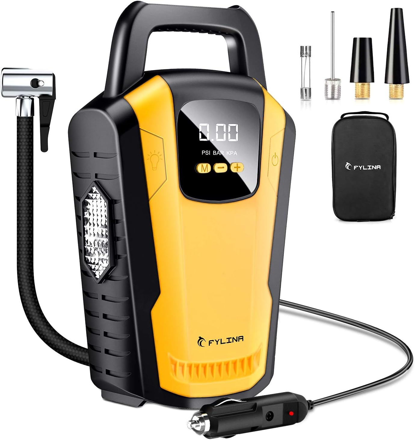 FYLINA AU01006-VC-5 LD-1602 Digital Inflator, Preset Air Compressor Car, 12V 120W 120PSI Tyre Pump with Carry Bag, Large Display, Emergency LED Light and 3 Nozzle Adaptors, Compact and Lightweight