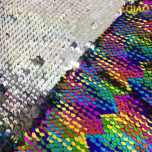 Rainbow Silver Mermaid Sequin Fabric By The Yard Reversible Sequin Fabric Flip Up Sparkly Mesh Embroidered Dress Costumes Sequin Fabric for Evening Dress Pillow Cushion Cover Wedding Decoration