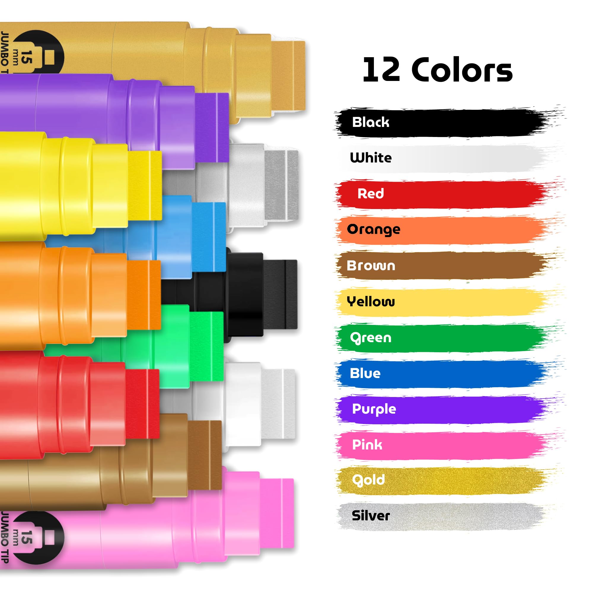 BIGTHUMB Jumbo Poster Markers Set: 12 Colors Large 15mm Wide Tip Permanent Ink Thick Acrylic Paint Pens for Rock Painting, Stone, Glass, Wood, Ceramic, Metal, Plastic, Fabric