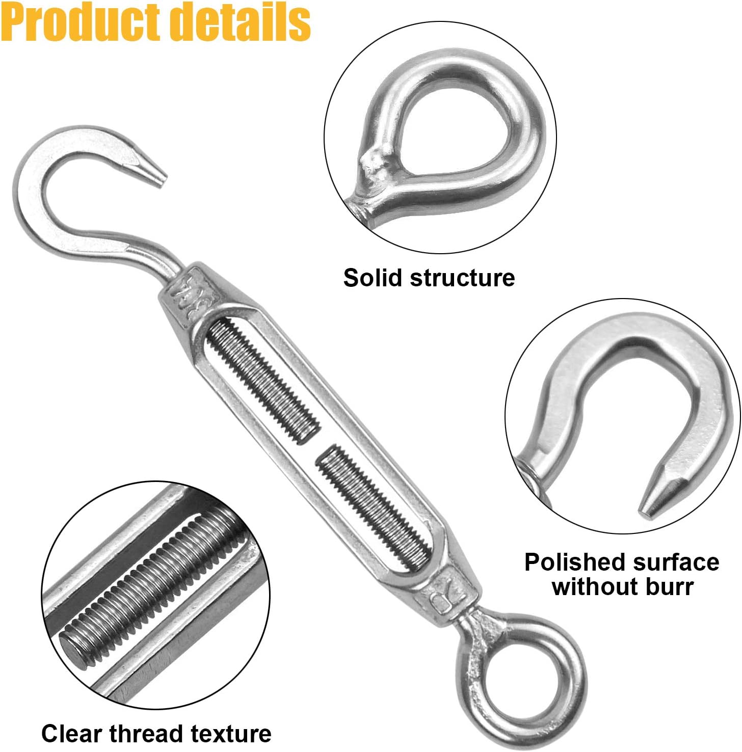 Skyzone 6PCS Turnbuckle Wire Tensioner M4 Stainless Steel Hook and Eye Rope Tensioners Cable