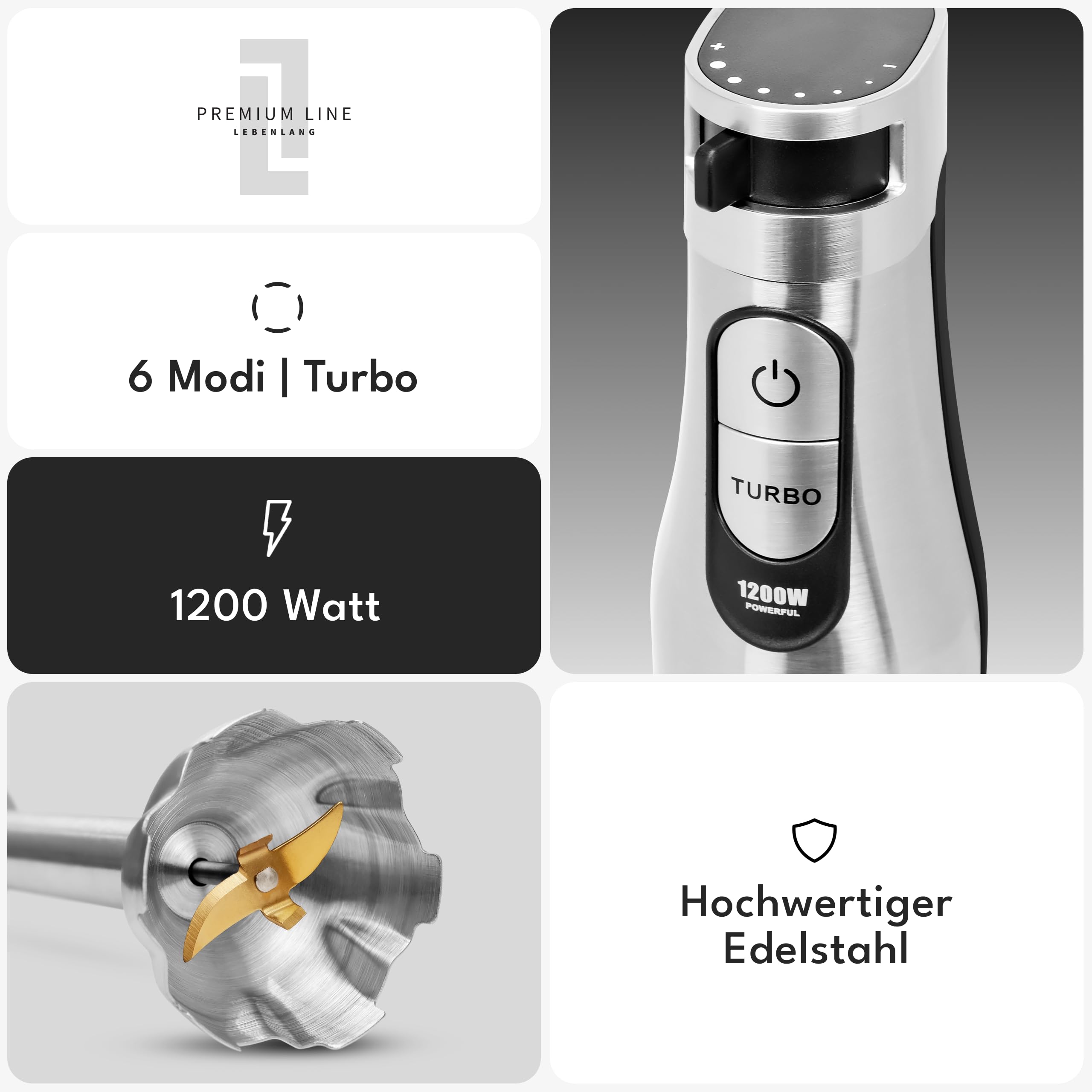 LEBENLANG Premium 1200W Stabmixer Set - Inkl. 5x Zubehör & Spritzschutz I Stufenlos verstellbar & Turbo I Elektrische Hand Blender Pürierstab Edelstahl Zauberstab Mixer Mixstab Purierstabmixer Stab 3