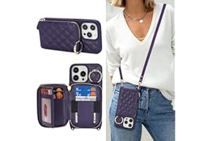 Hamany Crossbody Wallet Case for iPhone 15 Pro Max, PU Leather Zipper Handbag Purse Flip Cover, Kickstand Folio Case with Card Slots Holder Wrist Strap Lanyard 5G 6.7 Inch-Purple