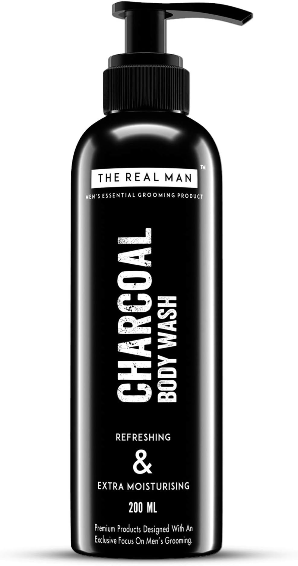 THE REAL MAN Charcoal Refreshing & Extra Moisturising Body Wash 200ml. With Extract of Aloe Vera | Neem | Amla‑shikakai & Activated Charcoal. 100% Organic.