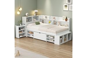 Twin Size Daybed with Storage, Multifunctional Bed Frame with Sided Storage Drawers, Built-in Bookcase & Cabinet, Space-Savin