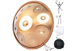 Handpan Drums Sets AETOO D Minor 22 inches 10 notes Steel Hand Drum with Soft Hand Pan Bag, 2 handpan mallet,Handpan Stand (Gold)
