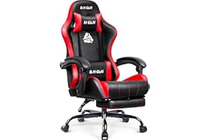 N-GEN GAMING Video Gaming Chair with Footrest Lumbar Support for Home Office High Back Recliner Height Adjustable Ergonomic Comfy Leather Computer Desk Chair (Red)