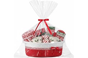 Colingmill Woven Christmas Gift Basket Empty with Ribbons Bow Tie and Bag, Empty Decorative Chest Box, 14" X10" x 5.5", Woven Rope Basket Storage for Gifts with Handles Home Decor(Red White)