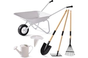 ROBOTIME Kids Wheelbarrow with Gardening Set – Metal Wheelbarrow Toddler Outdoor Play Toy with Garden Tools, Watering Can & P