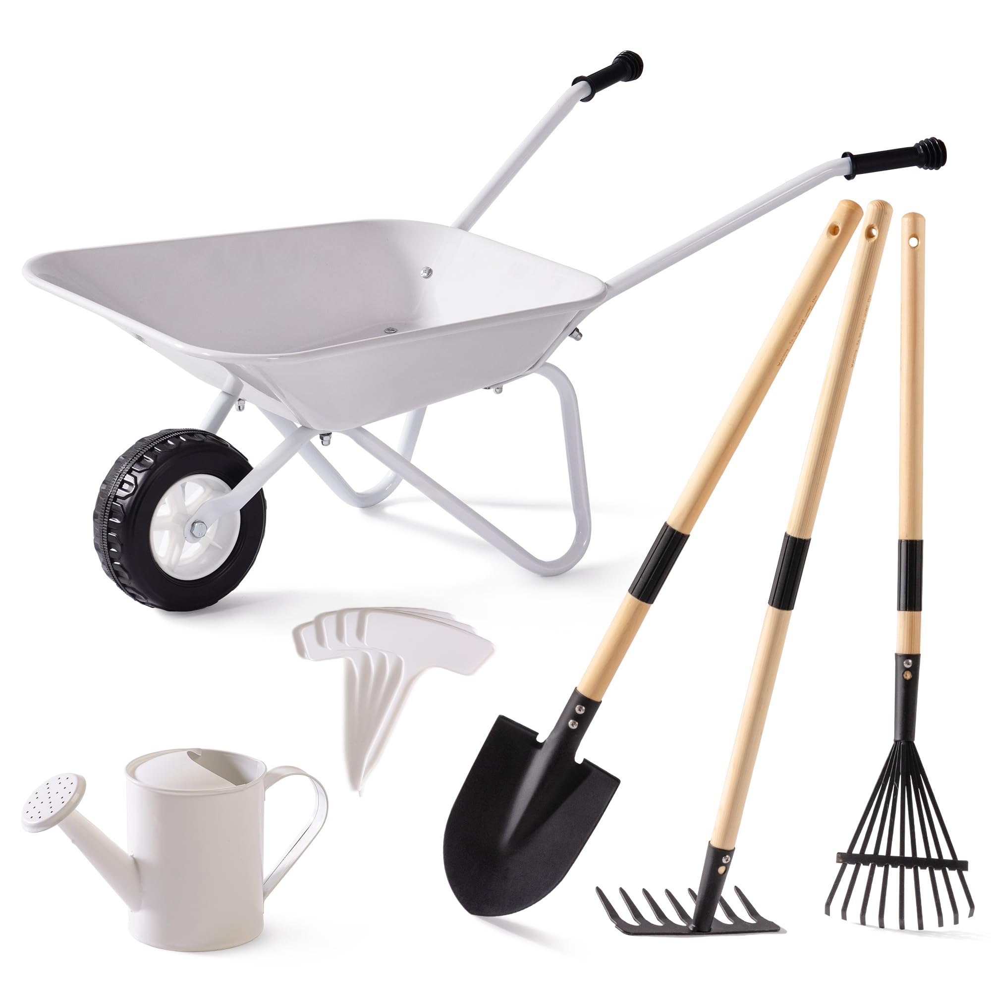 ROBUD Kids Wheelbarrow with Gardening Tools Set, Metal Wheelbarrow with Long Shovel, Hoe, Rake, Watering Can & Plant Labels, Kid Garden Tools Kit, Outdoor Gifts Toys for Girls Boys Age 3-14, Grey
