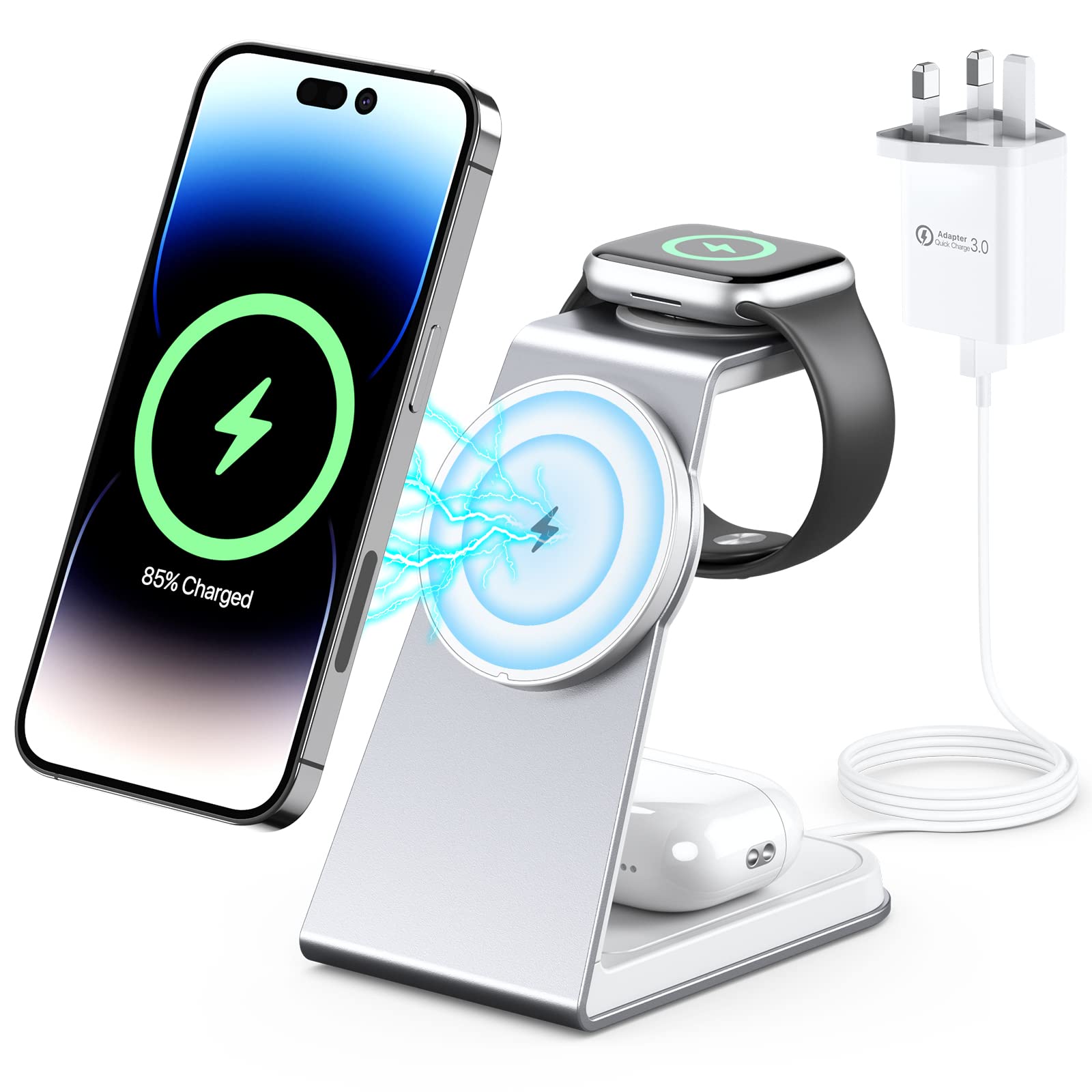 3 in 1 Wireless Charging Station for MagSafe,Aluminum Alloy Magnetic Wireless Charger,15W Fast for MagSafe Charger Stand Compatible with iPhone 17/16/15/14/13 Series,Apple Watch Series,Airpods 3/2/pro