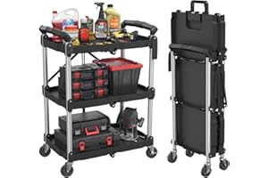 Granper 3 Tier Foldable Cart with Wheels, Service Cart, Rolling Collapsible Cart, Folding Utility Cart for Home, Office, Garage, and Warehouse(Black)