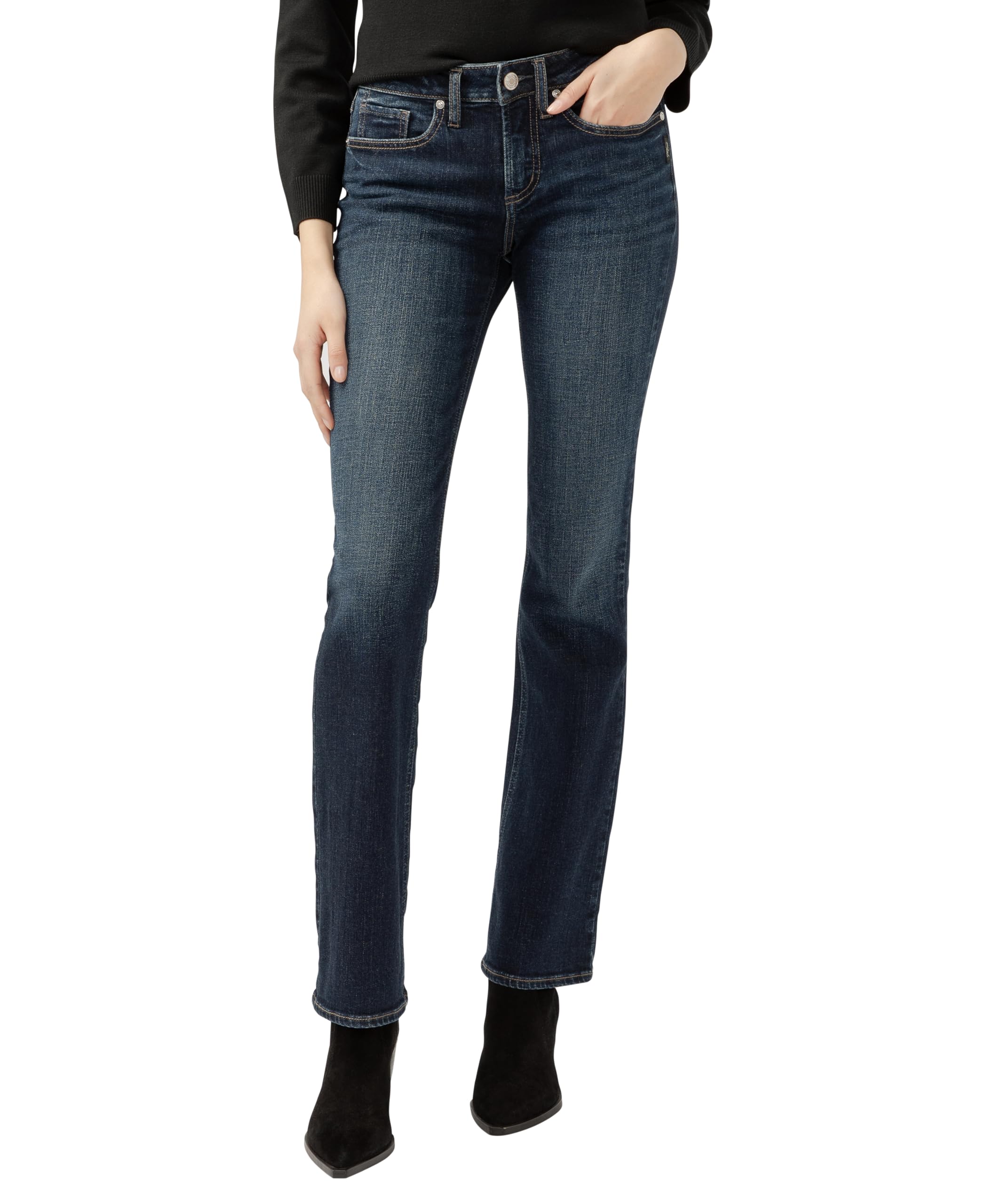Silver Jeans Co. Women’s Suki Mid Rise Curvy Fit Slim Bootcut Jeans, Dark Indigo, 27W x 33L