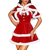 RSLOVE Christmas Outfits for Women - Sexy Christmas Dress with Cape 2Pcs Velvet Santa Costume Xmas Babydoll Furry