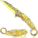 Vividstill Pocket Knife for Men, Cool Folding Knife With Titanium Plated 3D Eagle & Skull, Great Gift Edc Knife For Men Outdoor Survival Camping Hiking (Gold)