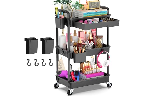 Goovilla 3 Tier Rolling Utility Cart Organizer with Removable Drawer Black | Stable and Sturdy Rolling Storage Carts with 2 L