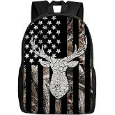 UIACOM American Flag Deer School Backpack USA Hunting Camo Deer Flag Bookbags for Teens Kids Boys Girls, Large Elementary Junior High University School Bag, Casual Travel Daypack Backpack, 17-inch