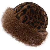 BEAUTYZIN Women's Chic Leopard Print Faux Fur Hat for Winter, Warm Fuzzy Bucket Hat for Trendy