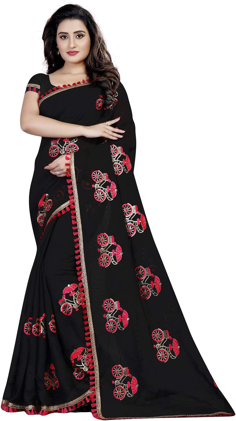 OrangeSell Women's Designer Chanderi Cotton Embroidary Work Saree with Un-Stitch Blouse (Cycle_Saree)