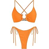 ZAFUL Women's Bikini Sets Ribbed Metal O Ring Criss Cross Two Piece Swimsuit Cheeky High Cut Side Tie Thong Bathing Suit