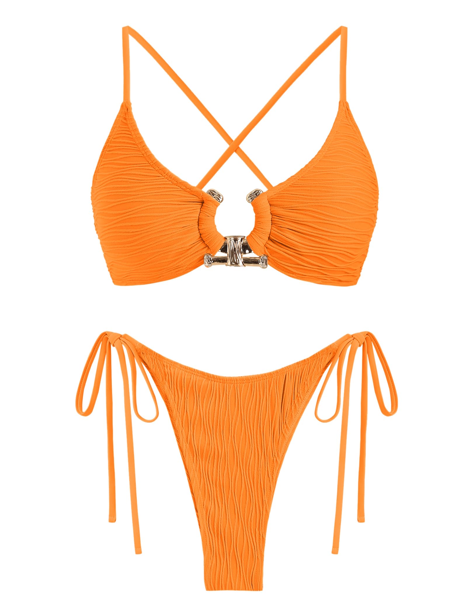 Photo 1 of ZAFUL Womens Bikini Swimsuit Ribbed Cute Bikini Sets Criss Cross High Cut Side Tie Thong Two Piece Bathing Suit Orange M