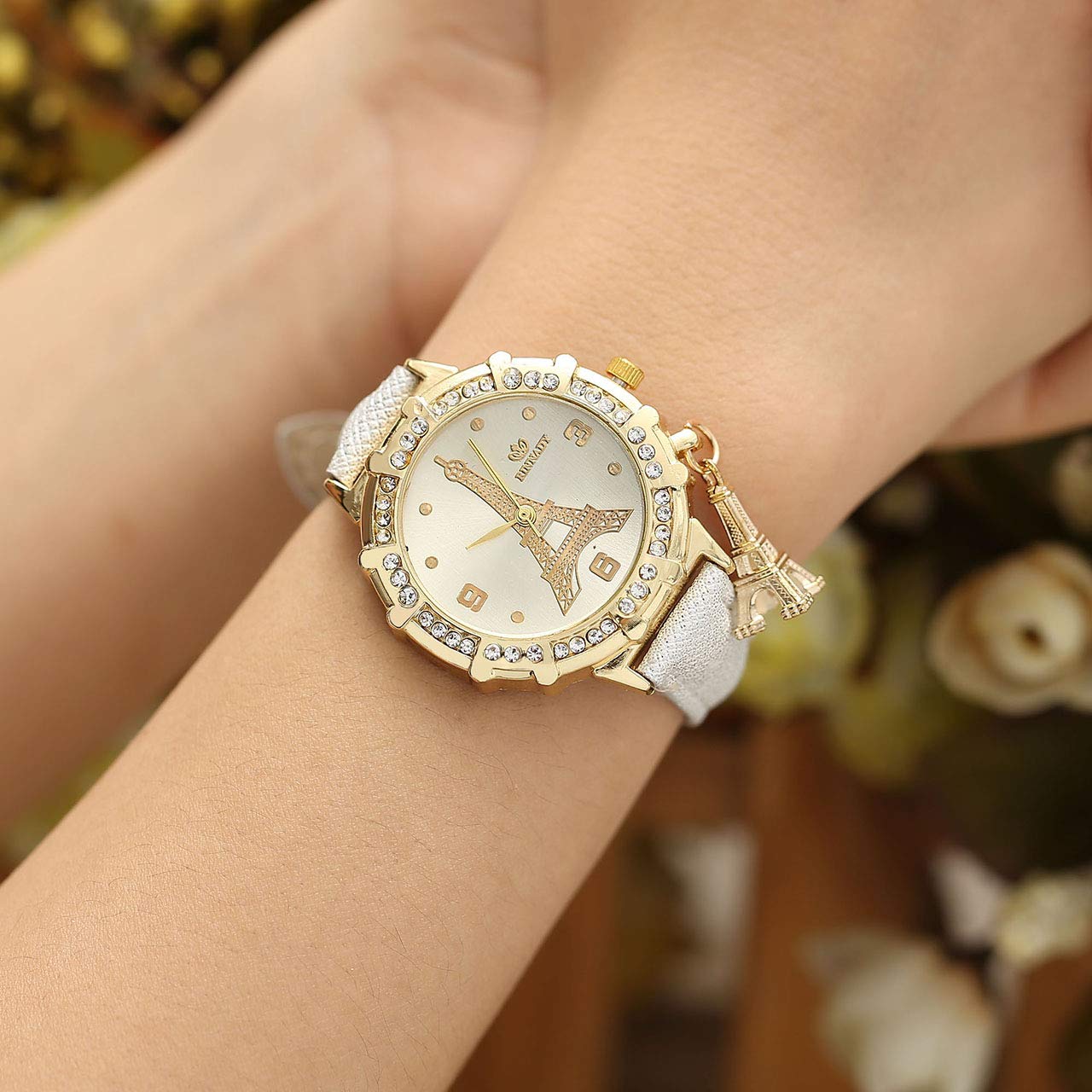 Top Plaza Womens Ladies Fashion Casual Leather Analog Quartz Wrist Watch Unique Tower Pattern Rhinestones Golen Case Dress Watches with Small Tower Charm(White)