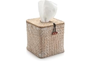 DECRAFTS Seagrass Square Tissue Box Cover Woven Napkin Holder Decorative for Bathroom Farmhouse (Whitewash, 5.5 x 5.5 x 5.5 Inch)