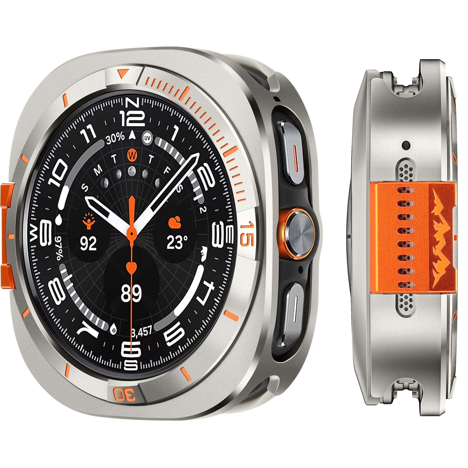 Suphart Metal Cover Compatible with Samsung Galaxy Watch Ultra Case 2025/2024, 2 in 1 Protective Rugged Bumper with Back Frame for Galaxy Watch 47mm (Titanium/Orange)