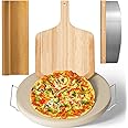 5 PCS Large Pizza Stone Set,Heavy Duty 16" Pizza Stone for Oven and Grill with Handle Rack,Pizza Peel(OAK), Pizza Cutter Rocker & Cooking Paper,Large Baking Stone for Pizza, Bread